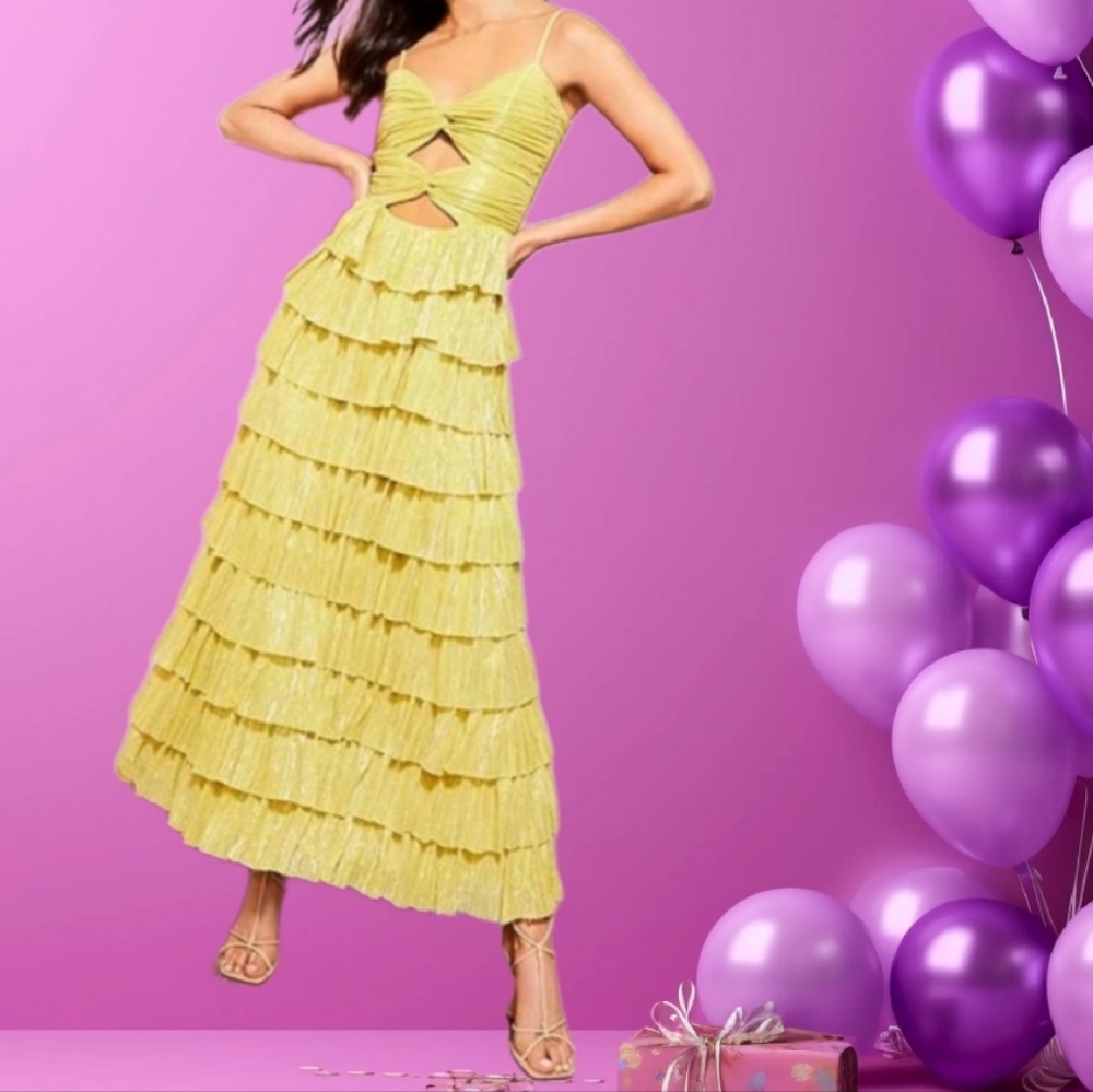 GIANNI BINI METALLIC PLISSE TIERED MAXI DRESS MSRP$199